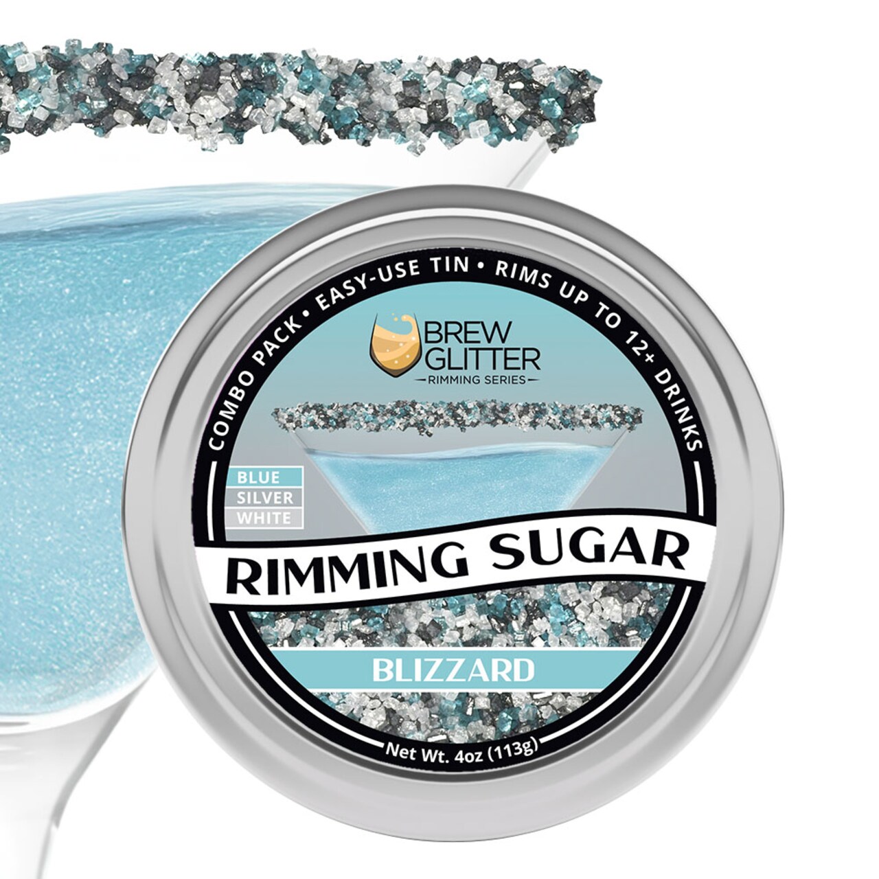Brew Glitter - Blizzard Rimming Sugar (4oz, 1x Bar Tin) Cocktail Garnish for Mixed Drinks & Refreshments